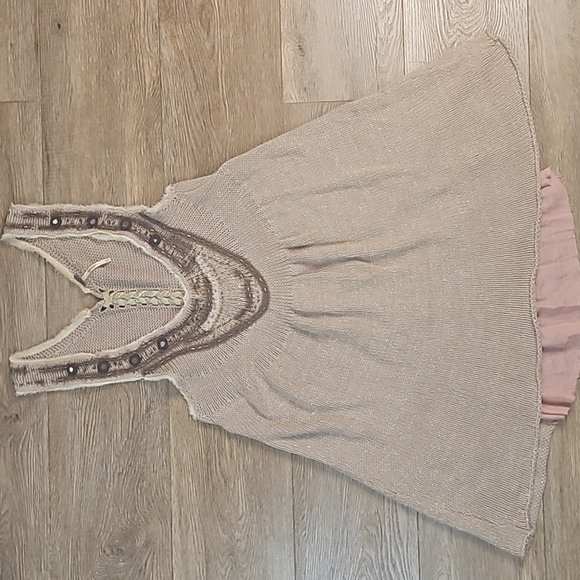 Free People Tan Knit Sequined Beaded Embellished Lace Up Ruffle Back Tunic Tank - Picture 11 of 16